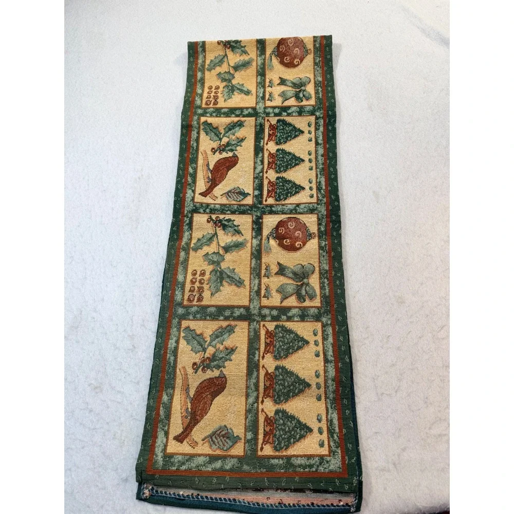 Christmas Woven Tapestry Table Runner Cardinal Holly Tree Green Red 12x 70